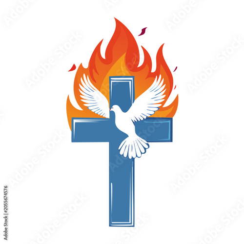 Cross with Dove and Flame Graphic