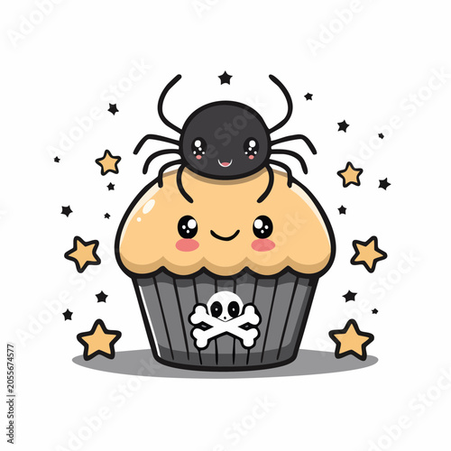 Cute Halloween Cupcake with Spider and Skull Icon