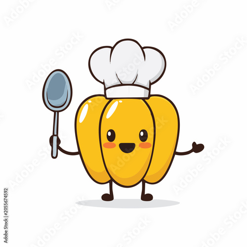 Cute Yellow Bell Pepper Chef Character Holding Spoon