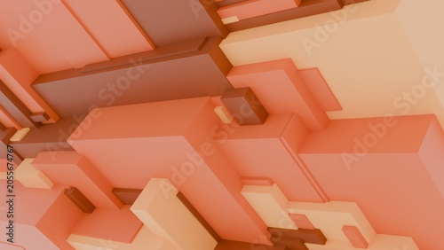 Abstract 3D surreal geometric blocks composition in orange and coral tones, warm modern architectural background