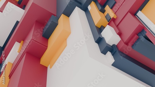 Abstract 3D surreal geometric blocks composition in red yellow gray and white tones, bold colorful modern architectural background