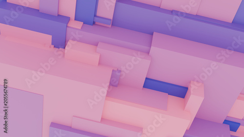 Abstract 3D surreal geometric blocks composition in purple and blue tones, modern architectural background