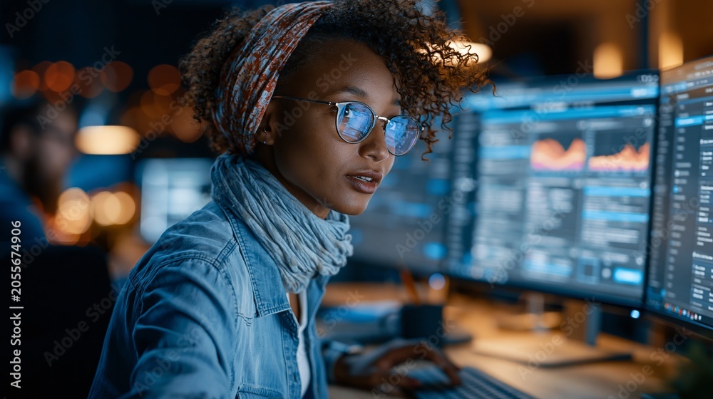 Obraz premium Focused young female software engineer working late on complex code projects inside a modern dark office