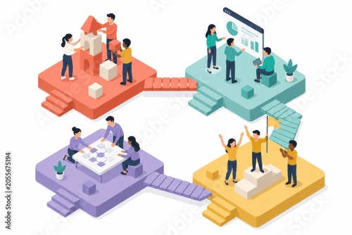 Collaborative teamwork building employee engagement vibrant isometric platforms dynamic work environments group dynamics