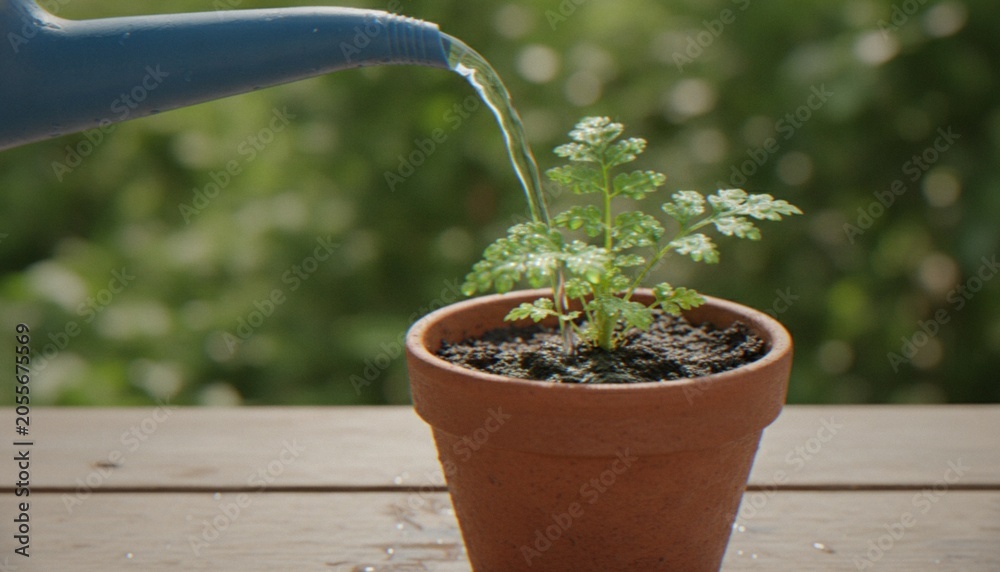 Εκτύπωση καμβά A close-up shot of a small green plant in a terracotta pot being gently watered by a blue watering can against a blurred outdoor background