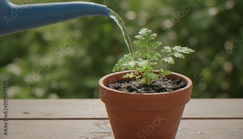 Foto A close-up shot of a small green plant in a terracotta pot being gently watered by a blue watering can against a blurred outdoor background