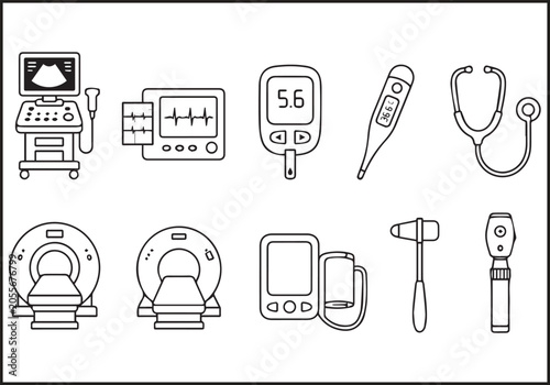 Bild auf Leinwand Medical Equipment Line Icons Set Including Ultrasound Thermometer And Heart Rate