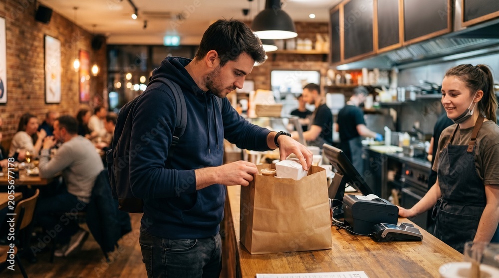 Fototapeta premium Man collecting takeout food order from restaurant counter with smiling staff member in background