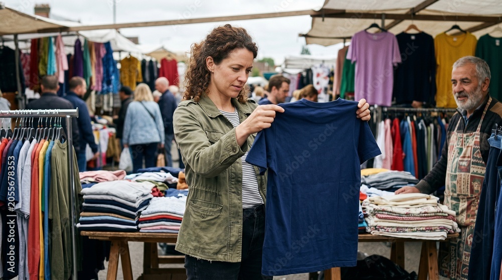Fototapeta premium Woman examining a blue t-shirt at an outdoor clothing market stall with a vendor in the background