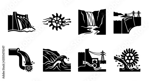 Foto Hydroelectric Power Icons: Dam, Water Wheel, Waterfall, Turbine, Generator, Ener