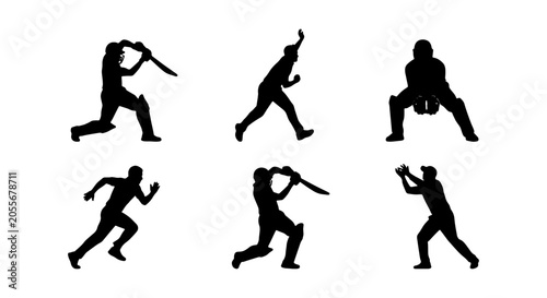 Photos Cricket Player Silhouettes: Batting, Bowling, Fielding Action Poses, Sports Vect