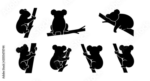 Canvas Print Koala Vector Icons Set, Cute Australian Wildlife Silhouettes, Climbing Trees, Si