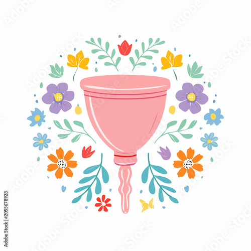 Pink Menstrual Cup Surrounded by Flowers and Leaves