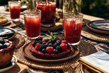 Berry Dessert with Red Fruit Drink on Summery Outdoor Table Setting