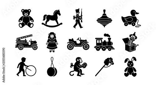 Photography Vintage Toy Icons Set: Classic Playthings Collection, Retro Childhood Objects, N