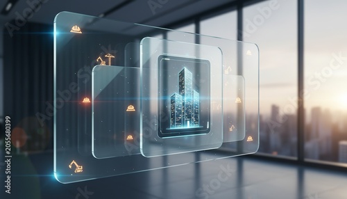Glowing digital skyscraper hologram interface floating inside a modern office space with bright sunset light beams