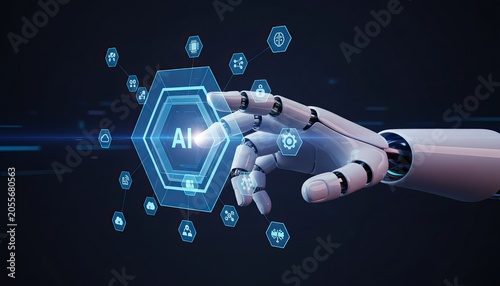 Futuristic robotic hand touching a glowing digital interface representing artificial intelligence technology in dark blue space