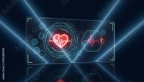 Glowing digital heart monitor display showcasing vital signs with futuristic blue light effects and abstract patterns