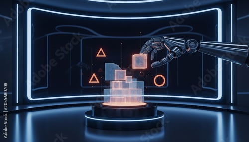 Robotic hand assembling glowing digital geometric blocks in a futuristic dark room with blue neon lighting
