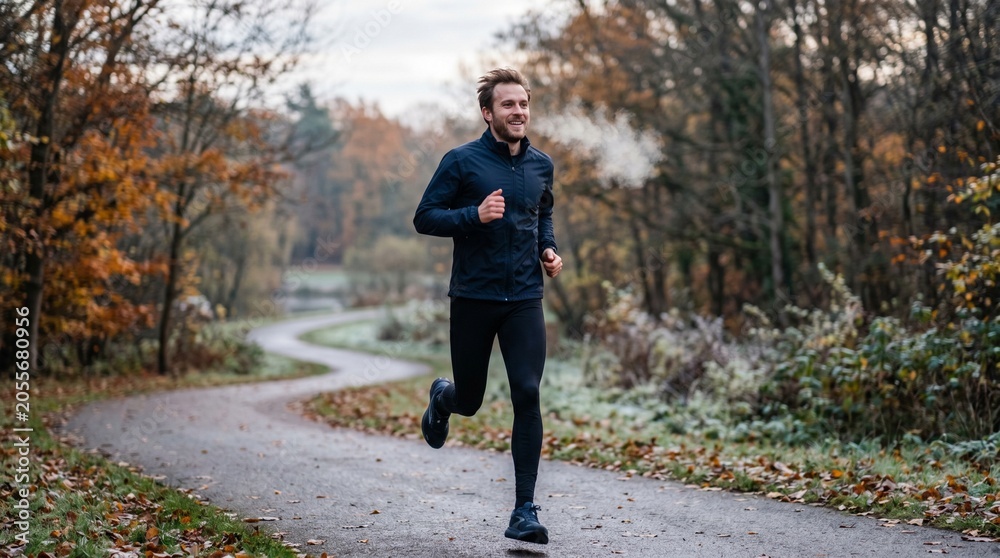 Fototapeta premium Man running on a winding path through an autumn forest with colorful leaves and frosty ground