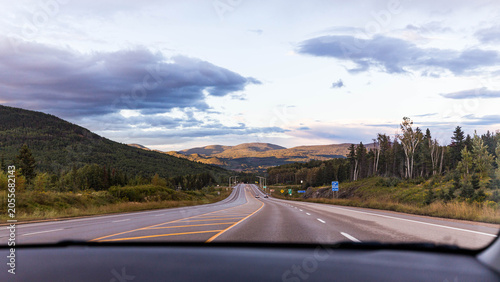 Road Trip View Through Windshield on Highway, Charlevoix, Quebec