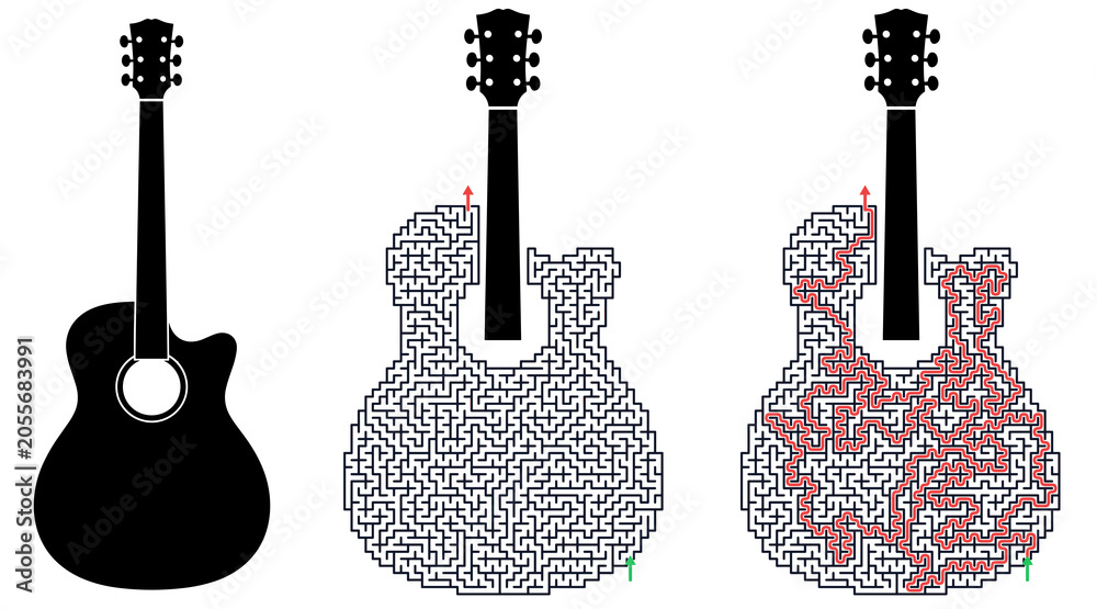 Naklejka premium Guitar shaped maze puzzle with solution