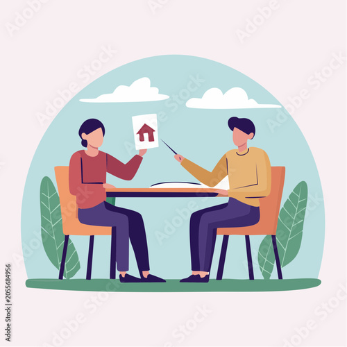 Two people discussing a house illustration
