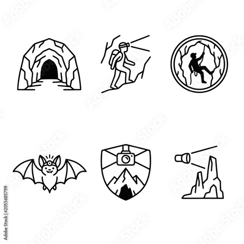 Cave Exploration Adventure Travel Icons.