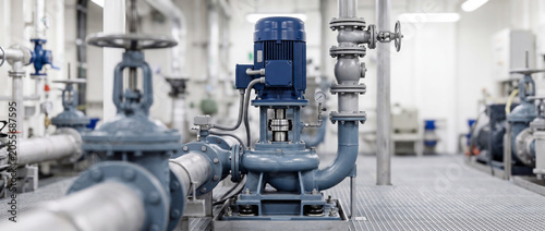 Industrial centrifugal pump and piping system in the engine room of a modern commercial vessel
