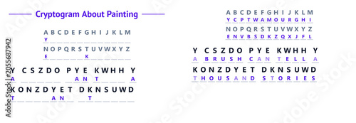 Cryptogram about painting with coded text and solution guide  