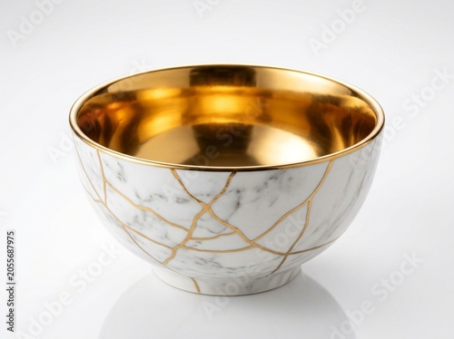 ​Kintsugi-style marble bowl with gold cracks on white background