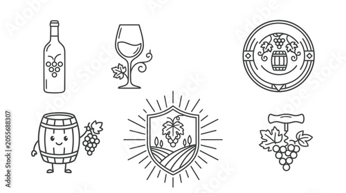 Wine Bottle and Glass Icons Set.
