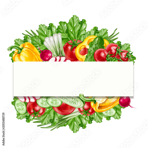 Watercolor rectangular frame surrounded by fresh vegetables, tomatoes, cucumbers, peppers and green leaves. Hand-drawn food border. Ideal for banners, food packaging, menus and recipe books.
