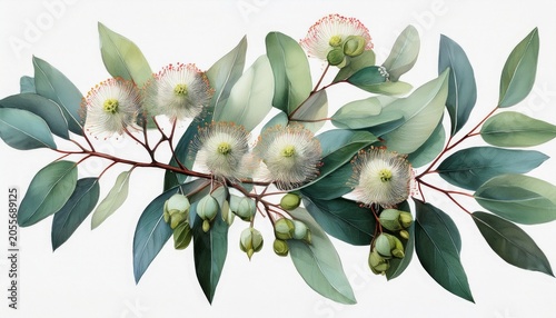 eucalyptus branch with flowers isolated on a white background