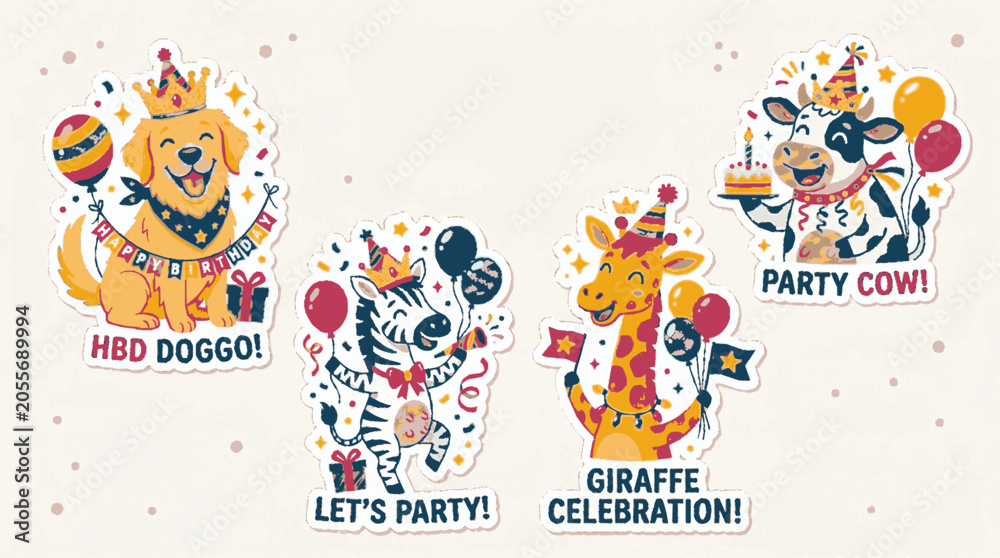 Fototapeta premium Cute cartoon birthday animals sticker pack with happy dog zebra giraffe