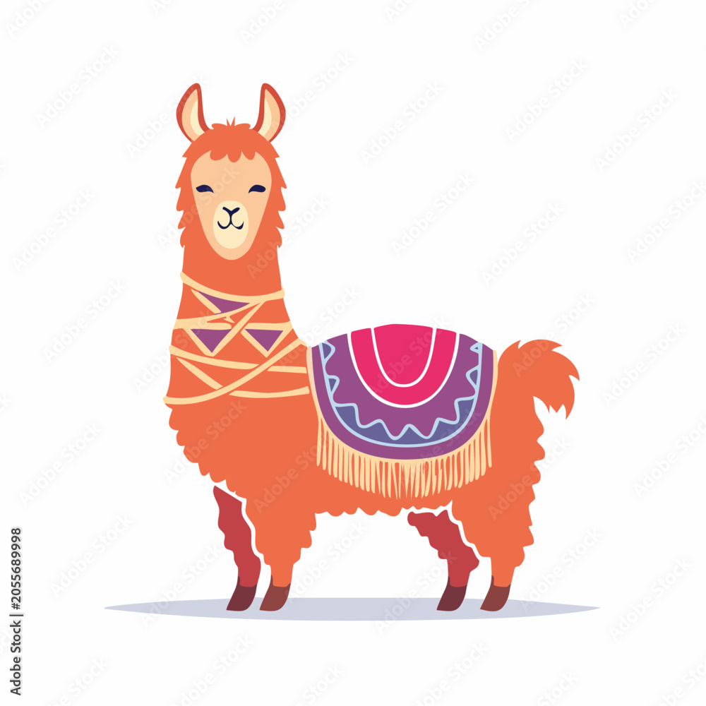 Naklejka premium Cute Cartoon Llama with Colorful Blanket