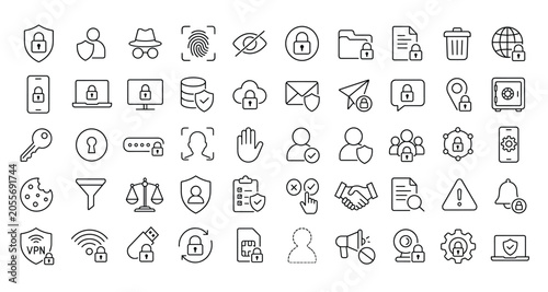 Quadro su tela Cyber security and data privacy line icons