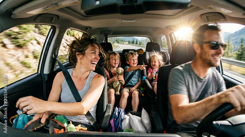 Fototapeta premium Férias em família: a divertida e caótica viagem de carro com pais felizes e crianças eufóricas no banco de trás,