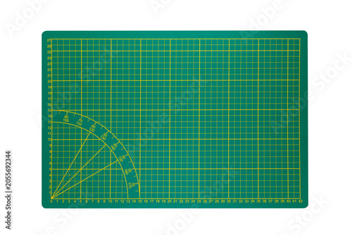 Green cutting mat with measurement grid and protractor, isolated on transparent background, png