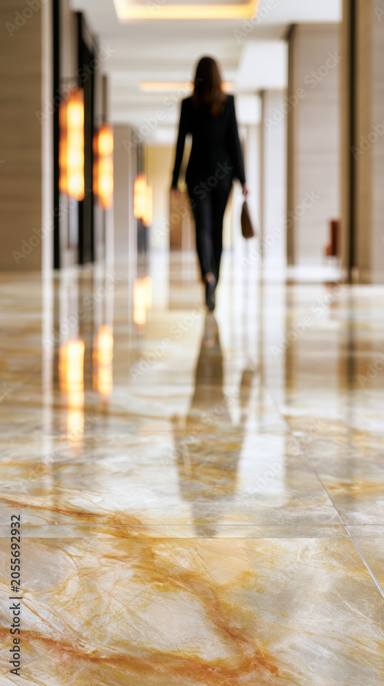 Fototapeta premium Businesswoman walking through a luxurious hotel or office corridor with a marble floor, showing successful corporate professional on a significant journey