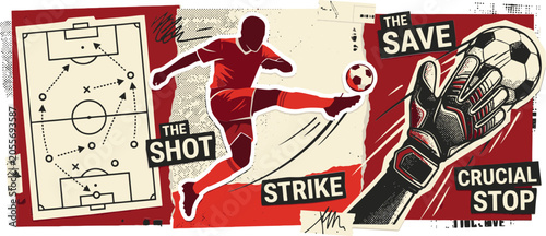 Fotografía Vintage soccer sports collage with player strike and goalkeeper save, retro foot