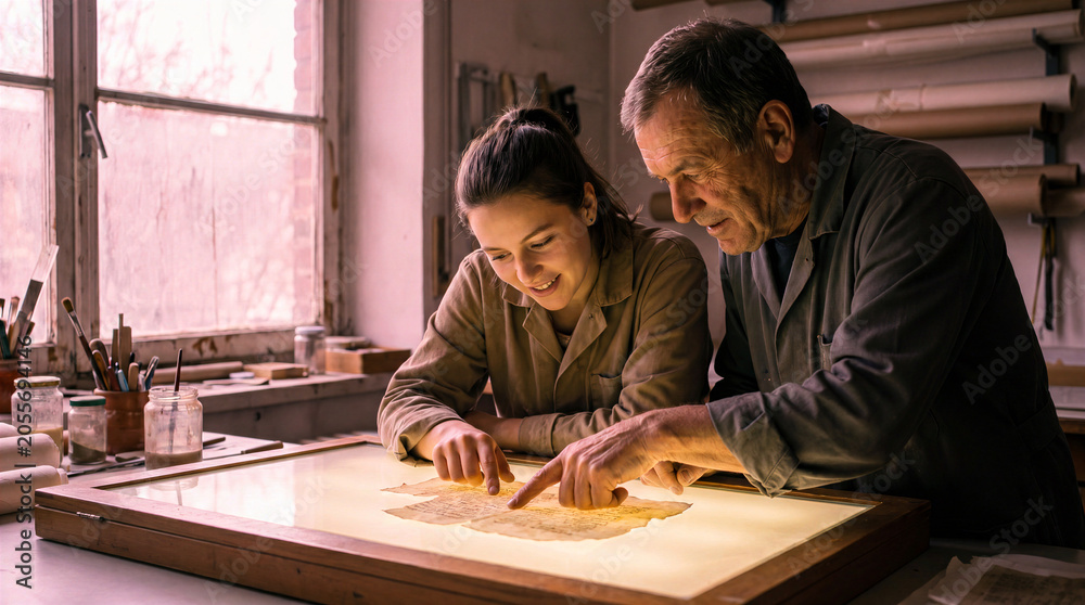 Fototapeta premium Paper conservators examining old document on light table