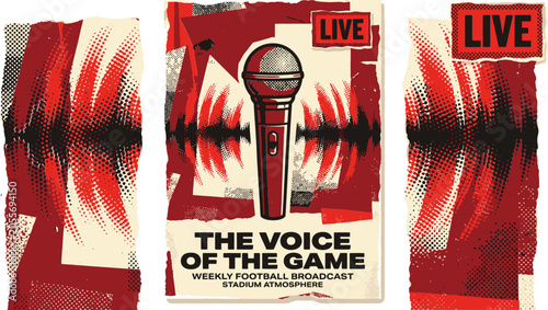 Fotografie Retro podcast poster with microphone and sound waves, vintage football broadcast
