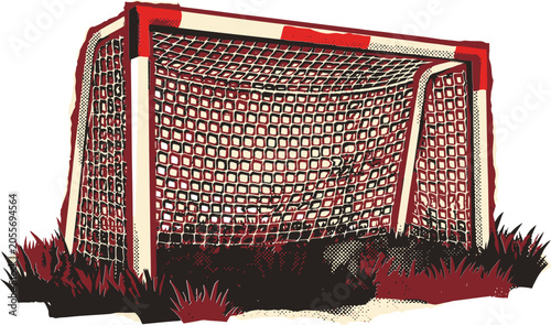 Schilderij op canvas Vintage soccer goal vector illustration, retro red and white football net on gra