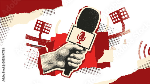 Photos Vintage sports journalism vector illustration, retro hand holding microphone at