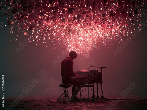 Musician Playing Keyboard Under Glowing Musical Notes
