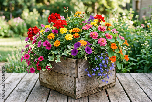 spring flowers in a wooden box planter