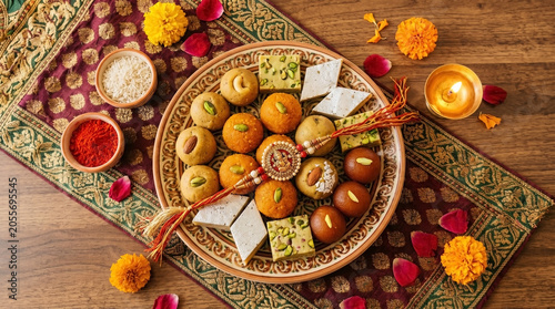 Traditional Indian sweets presented on decorative plate with assorted ladoos and barfi. Indian sweets platter features a rakhi, marigold flowers, rose petals, and lit diya.