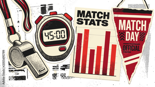 Картината върху платно Vintage sports referee equipment set, match stats bar chart and stopwatch vector