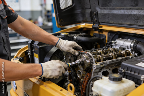 Foto Mechanic wearing gloves works on an engine, focusing on the timing belt and gear